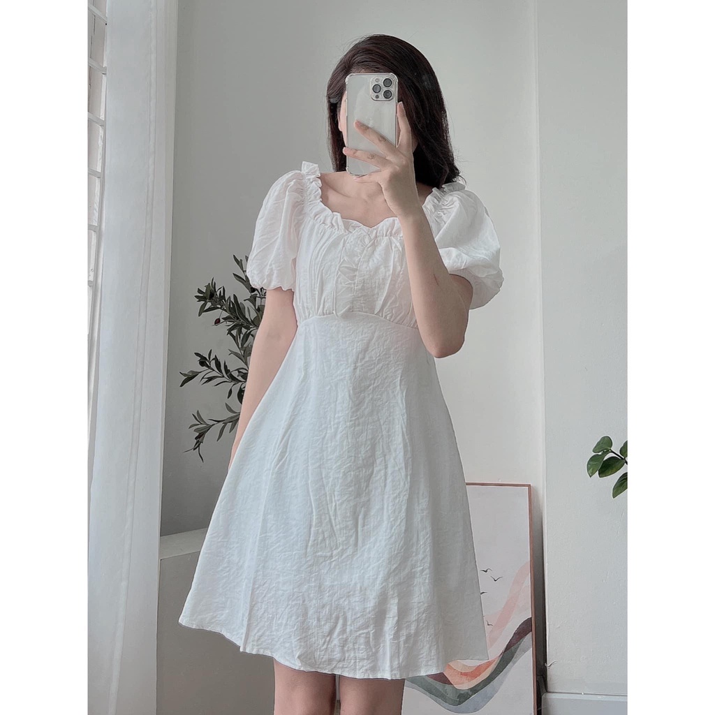 Váy Trễ Vai Chun Lưng Dáng Chữ A Tay Bồng Nhẹ Nhàng, Xinh Xắn, Labibi