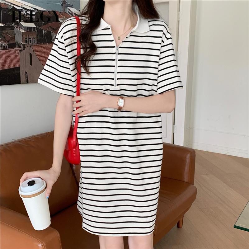 Đầm thun polo IELGY tay ngắn dáng rộng họa tiết kẻ sọc thời trang xinh xắn cho nữ