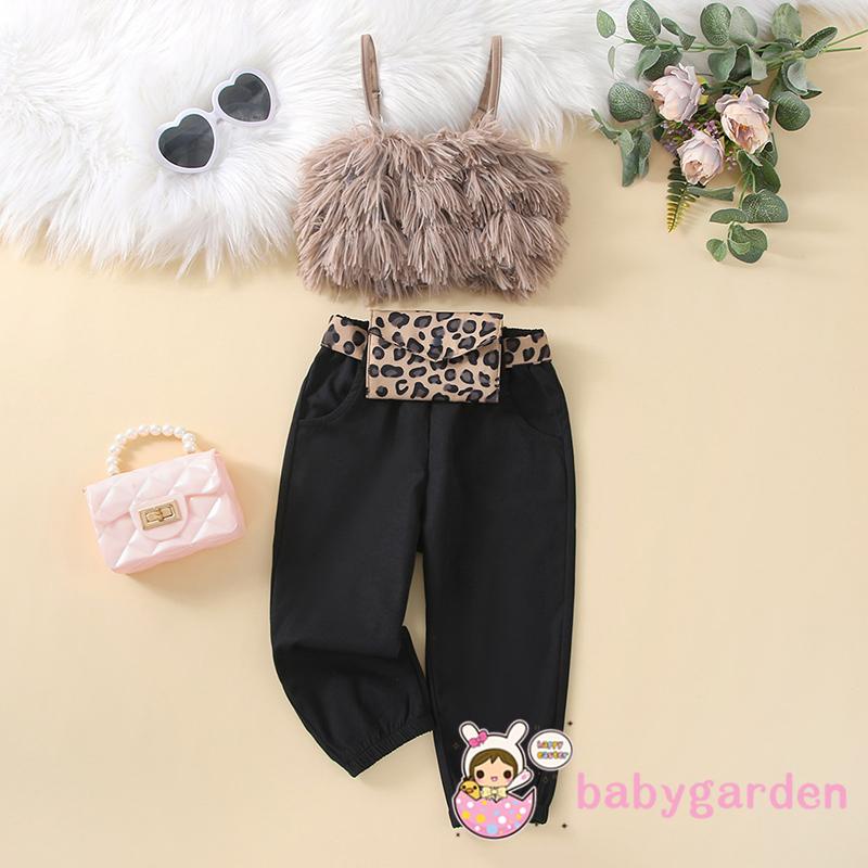 Bộ Áo Hai Dây Phối Lông + Quần Dài Thời Trang Mùa Hè Cho Bé Gái 1-6 Tuổi