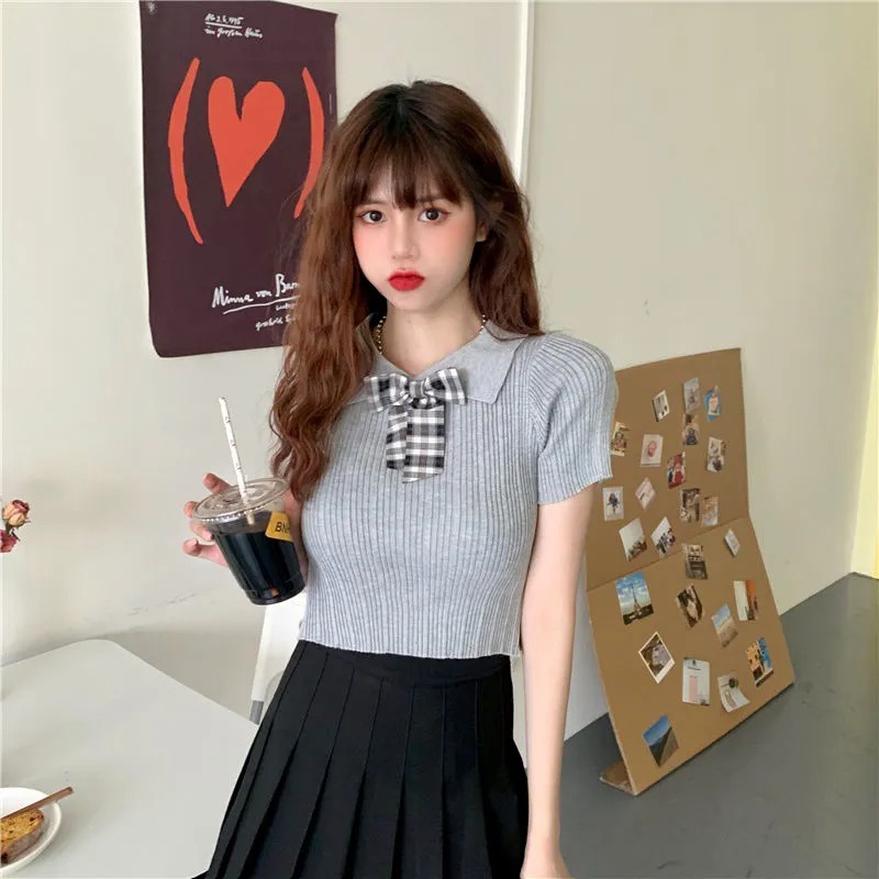 Áo Croptop Dệt Kim Tay Ngắn Cổ Bẻ Màu Trơn Thời Trang Mùa Hè Xinh Xắn Cho Nữ