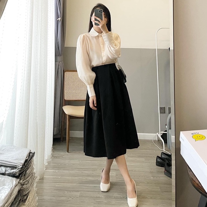 Áo sơ mi nữ tay bồng cổ sen chất tơ xốp nhũ - áo sơ mi công sở nữ 122