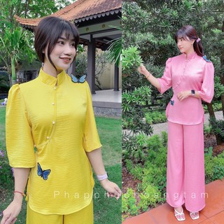Đồ lam đi chùa # sẩm lụa thêu bướm