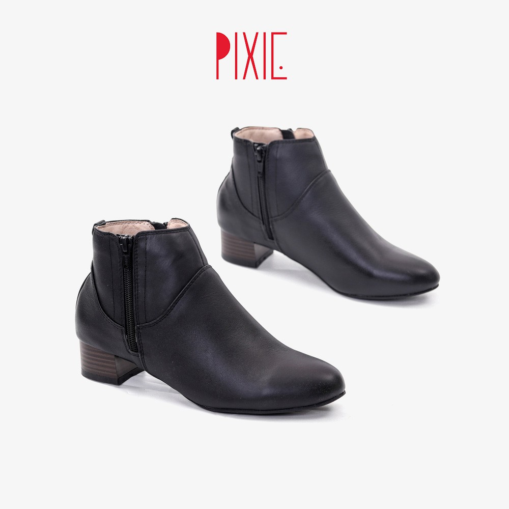 Giày Boot Thấp 3cm Cổ Ngắn 2 Dây Kéo Da Bò Thật Màu Đen Pixie P697