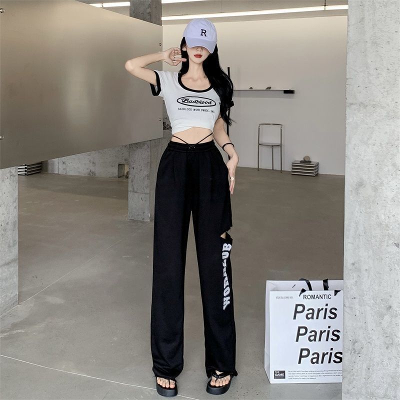 COZOK Set Áo Thun Ngắn Tay In Chữ + Quần Ống Rộng Rách Cá Tính Cho Nữ