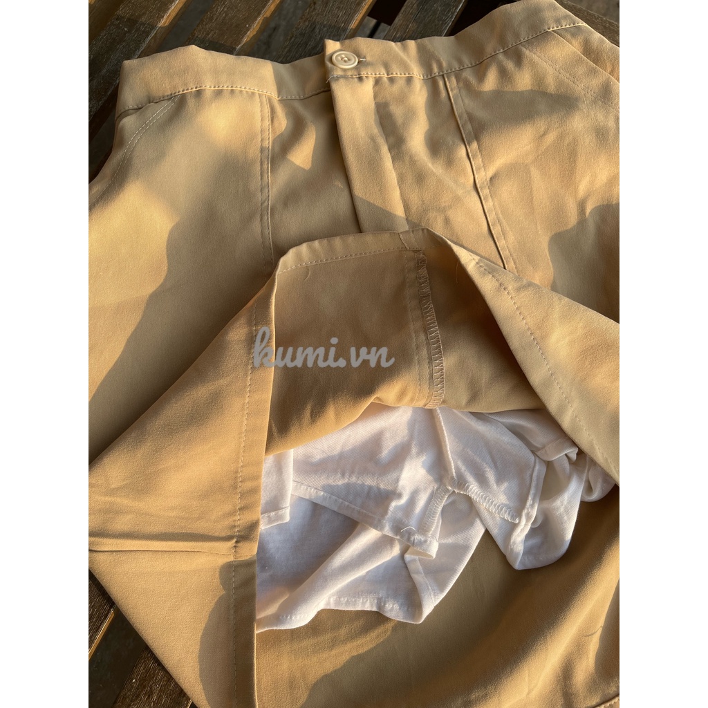 Kumivn đi biển set 3 món áo babydoll trắng, áo 2 quai trong và chân váy be phom rộng