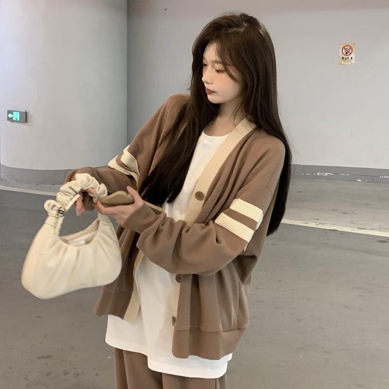 Set Áo Khoác Cardigan Dệt Kim + Quần Dài Ống Rộng Thời Trang Nữ