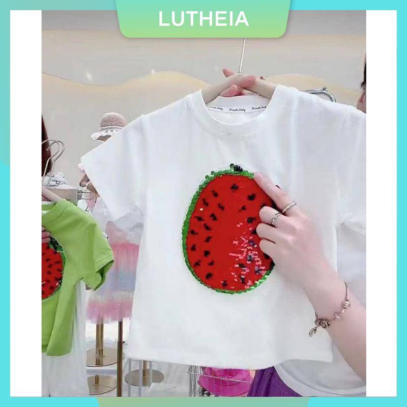 Áo Thun Cotton Tay Ngắn Họa Tiết Trái Dưa Hấu Đính Sequin Lấp Lánh Thời Trang Cho Trẻ Em