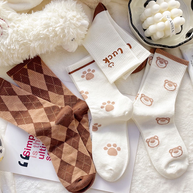 Vớ Giữ Ấm Họa Tiết Gấu Phong Cách Retro Harajuku Cho Mùa Đông