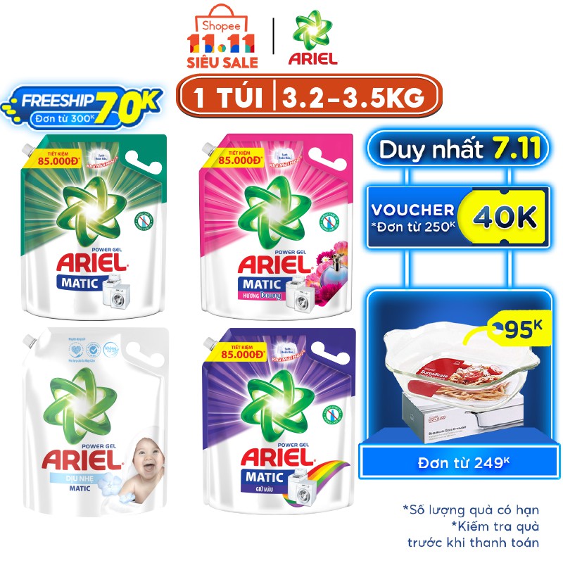 [Mã BIGKANG5 giảm 10% tối đa 20K đơn 150K] Ariel Matic nước giặt Túi 3.5KG