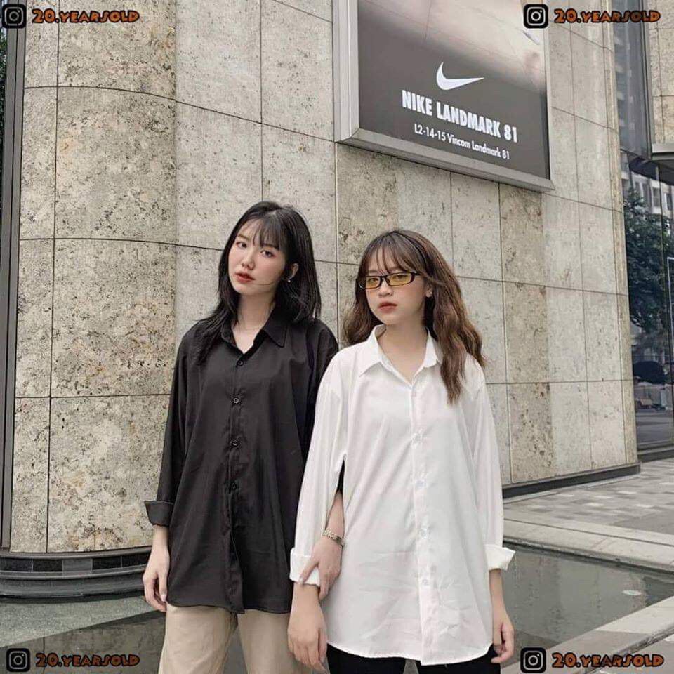 Áo Sơ mi TRƠN tay dài màu ĐEN/TRẮNG ❤️Nam Nữ Unisex chất lụa mềm mịn form rộng ❤️