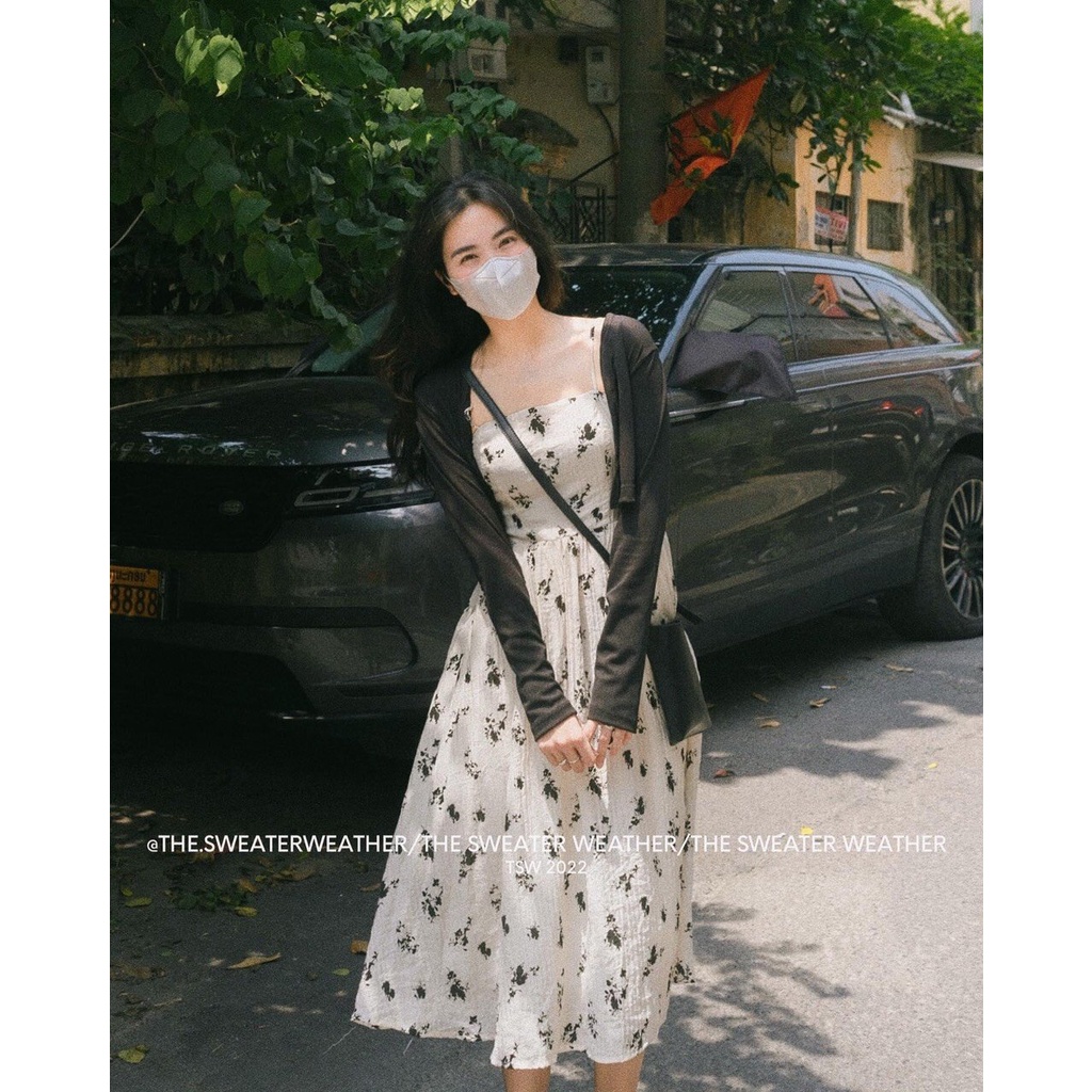 Set váy babydoll dáng dài, váy đầm nữ cộc tay hoa nhí dáng suông form rộng kèm áo khoác cardigan đen đũi Wikishop C1087