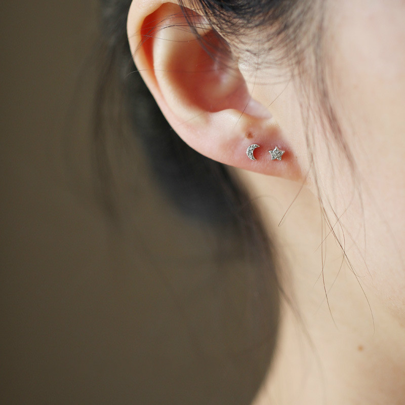 Bông Tai Mạ Bạc 925 Hình Trăng Sao Đính Đá zircon Đơn Giản Cho Nữ