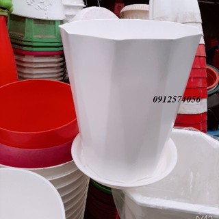 Chậu ống nhựa màu trắng kèm đĩa lót đáy (rộng 24cm x cao 29cm )