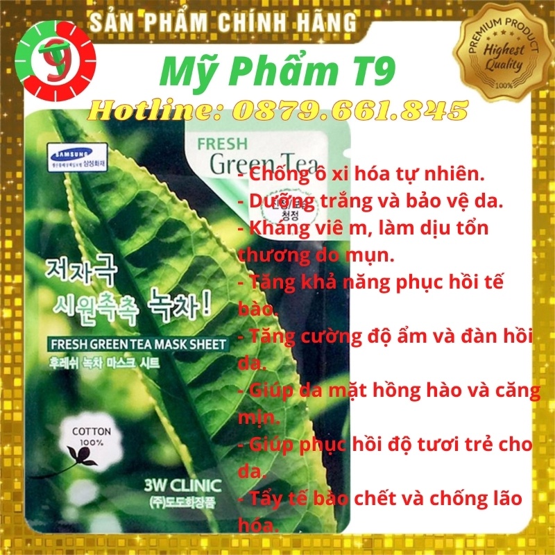 20 Mặt nạ giấy dưỡng da làm trắng và cấp ẩm chăm sóc da thiên nhiên trà xanh 3W Clinic Fresh Green Tea Mask Sheet