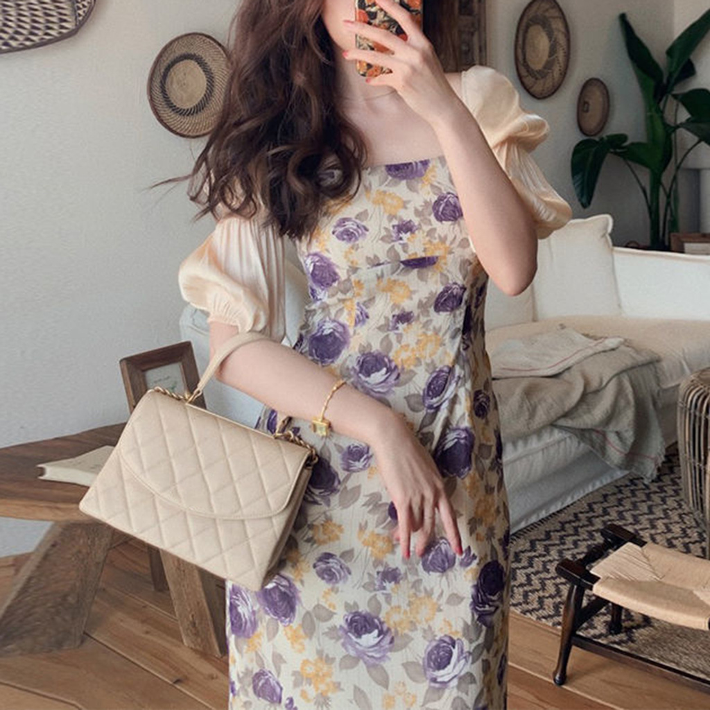 SBaby_ Lady Maxi Dress Square Neck Puff Sleeve Polyester Floral Printed Streetwear for Daily Wear