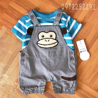 Set yếm và áo phông kẻ hình chú khỉ cho bé trai