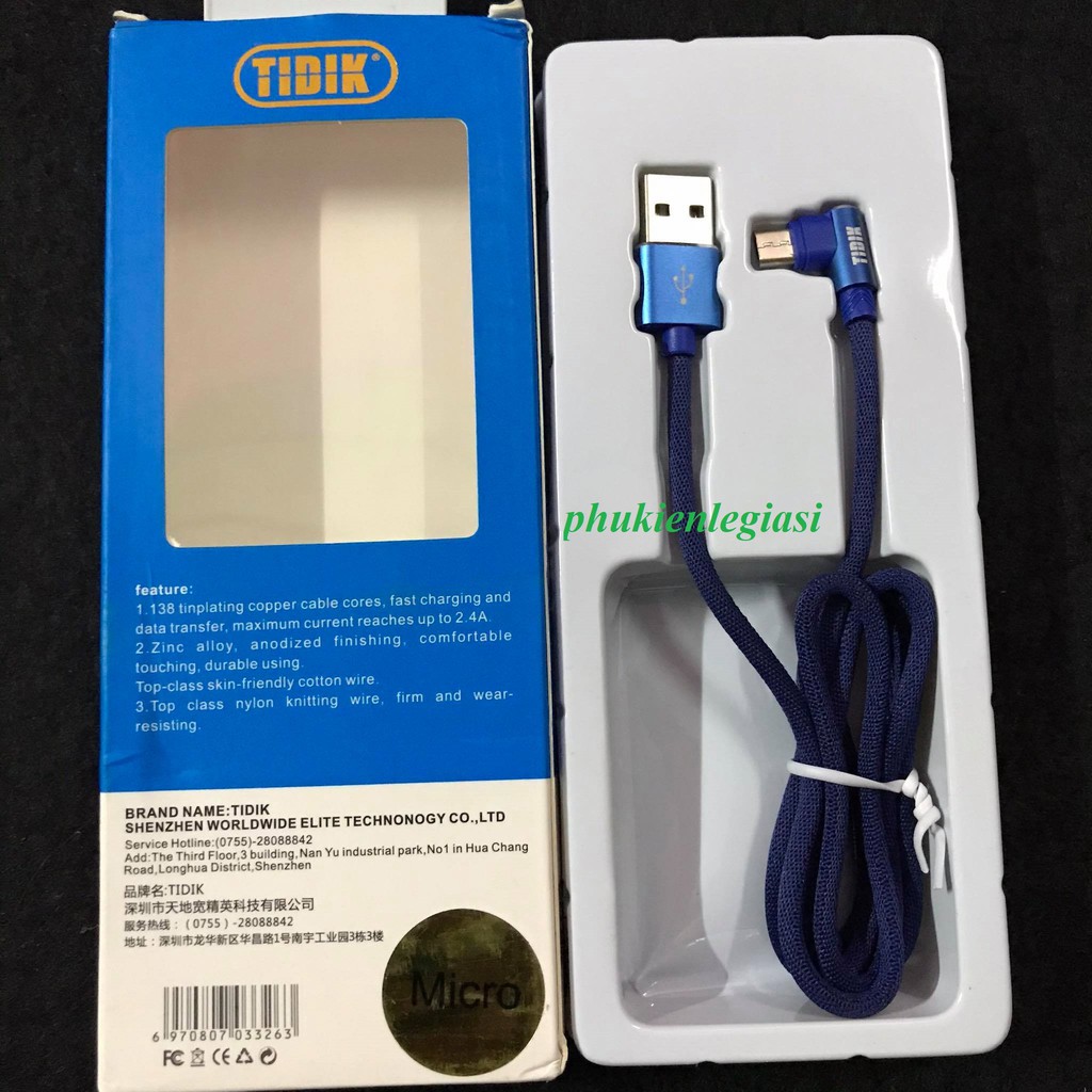 Cáp sạc Micro usb, Type C hiệu Tidik loại đầu cong dây dù
