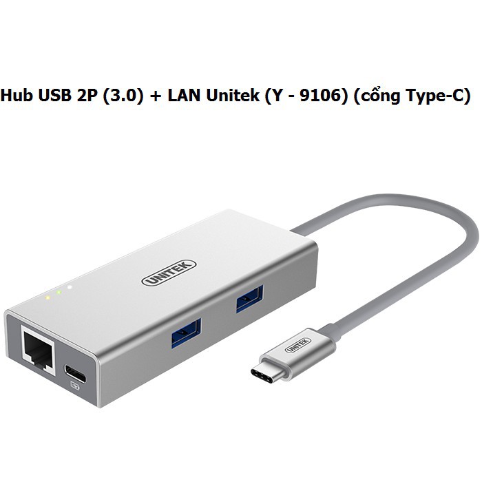 HUB USB BỘ CHIA USB TYPE C TỪ MÁY TÍNH CỔNG TYPE C RA 2 CỔNG USB 3.0 + LAN GIGABYTE UNITEK Y 9106