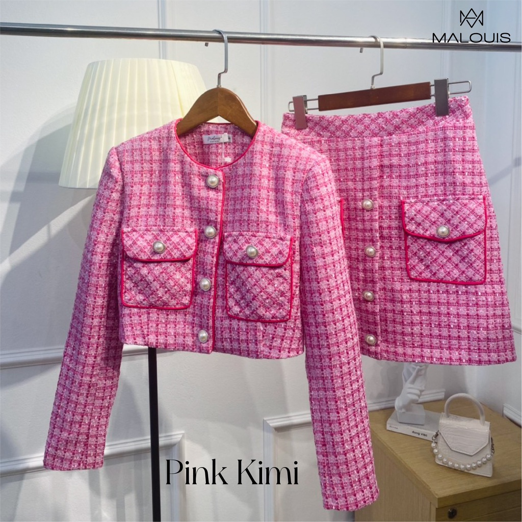 Set dạ tweed chân váy và áo màu hồng cao cấp hàng sẵn Pink Kimi Set - M123 - Malouis
