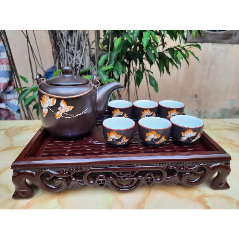 Combo Ấm Trà Bát Tràng Cao Cấp Họa Tiết Sen Đào Và Phụ Kiện Được Chọn Mẫu - Duonghieu6789