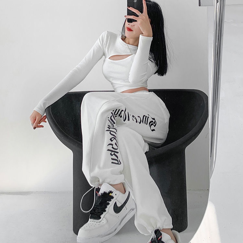 IELGY Quần Dài Ống Túm Dáng Rộng In Chữ Phối Dây Rút Cá Tính