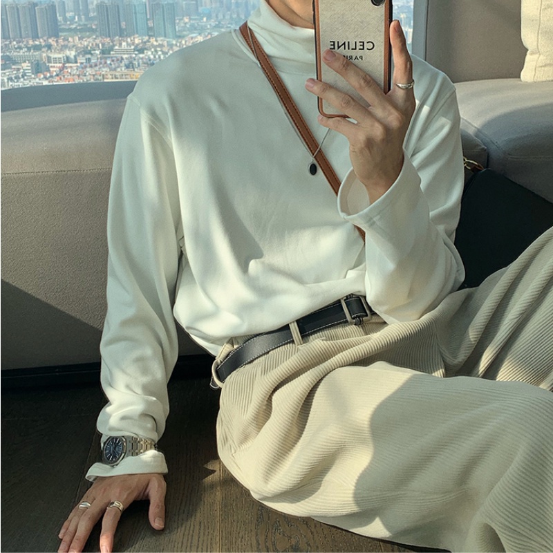 Áo thun tay dài cổ cao dáng rộng màu trơn thời trang thu đông cho nam | BigBuy360 - bigbuy360.vn