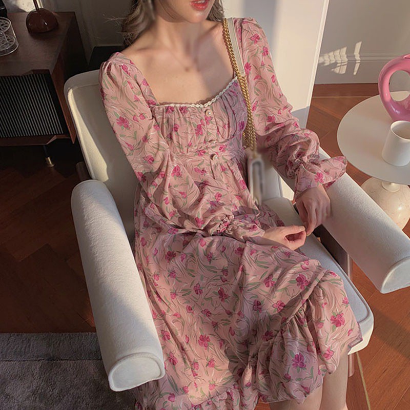 Đầm Hoa Tay Dài Cổ Vuông Thiết Kế Thời Trang Dành Cho Nữ | BigBuy360 - bigbuy360.vn