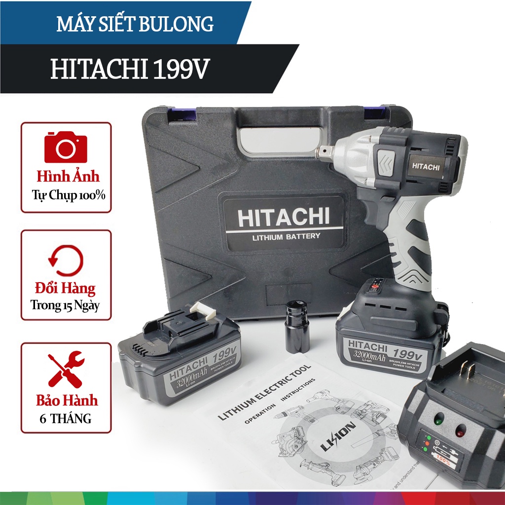 Máy siết bulong pin HITACHI 199V Lõi Đồng Không Chổi Than - Tặng bộ phụ kiện đầu chuyển và khẩu mở ốc
