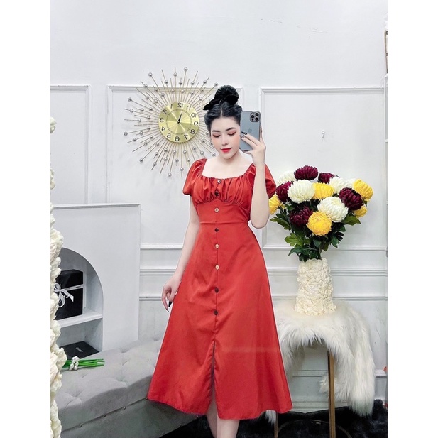 Đầm trơn cổ vuông phối cúc kèm dây cột eo siêu xinh Linh Htt