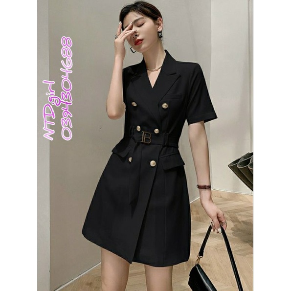 Hàng nhập - Đầm dáng xòe suông nhẹ cổ vest tay ngắn, váy công sở xô lụa cài nút trước kèm nịt