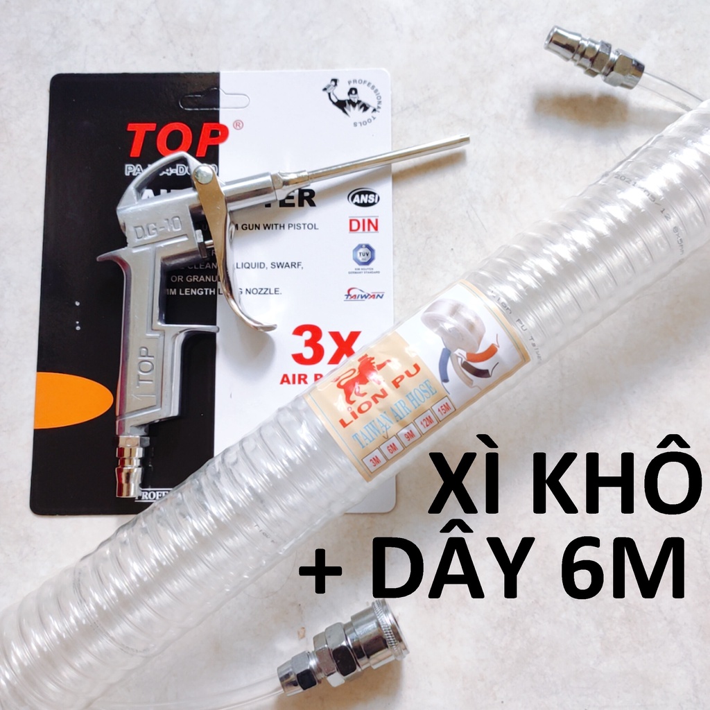 xì khô TOP chính hãng + dây hơi 6m, súng xịt hơi thổi bui dùng khí nén