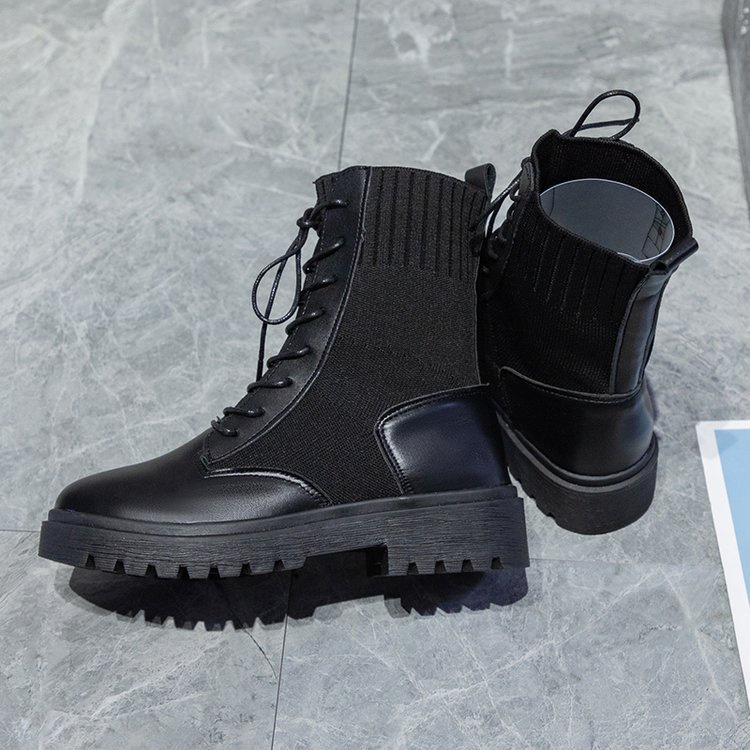 Giày boots cao cổ đế bằng chất da phối len cổ chun cực cá tính phong cách ulzzang giá rẻ cho nữ