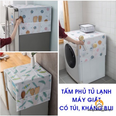 Tấm Phủ Tủ Lạnh máy giặt lò vi sóng in hình dễ thương, bảo vệ tủ chống bụi bẩn, chống thấm nước có túi bên hông đựng đồ