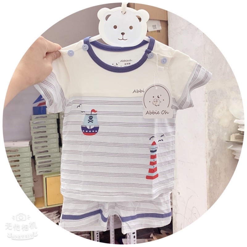 Abbie oh Bộ cộc in hình phối kẻ cho bé teai