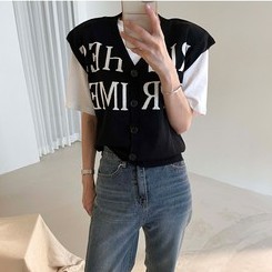 Áo Dệt Kim Sát Nách In Chữ Kiểu Retro Hàn Quốc Thời Trang