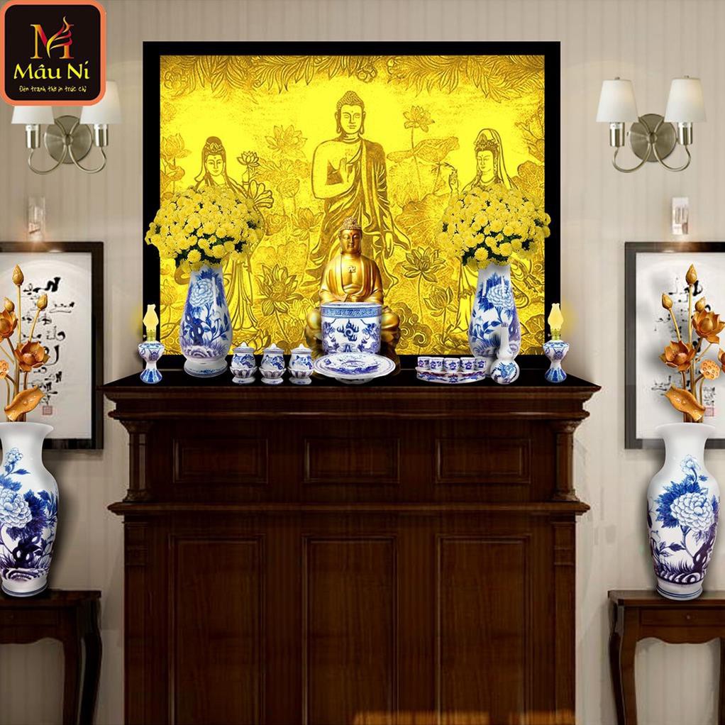 Đèn thờ Tranh trúc chỉ in MÂU NI 198, kt 107cm x 81cm, Tam thế Phật