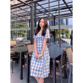 Đầm váy freesize caro cổ vuông đan dây eo