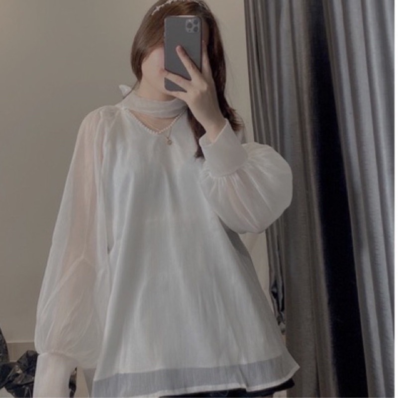 Áo sơ mi cổ V đính ngọc chất voan tơ 2 lớp dày dặn siêu xinh đủ màu