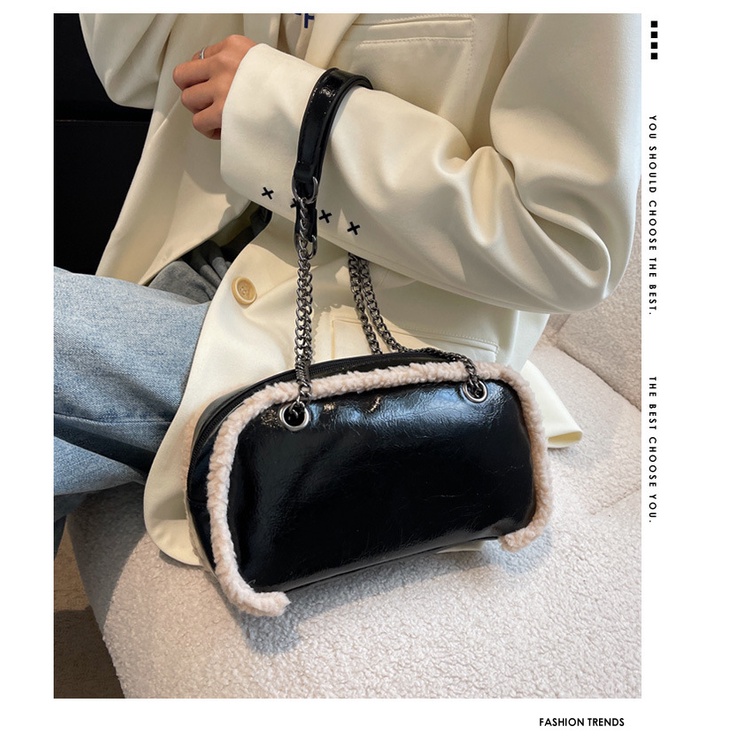 Túi Xách Đeo Vai Len Cừu Phối Dây Xích Thời Trang Cao Cấp