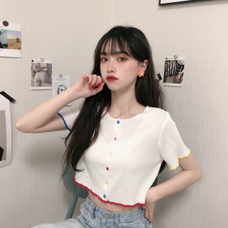 Áo croptop len mỏng nút màu Freesize