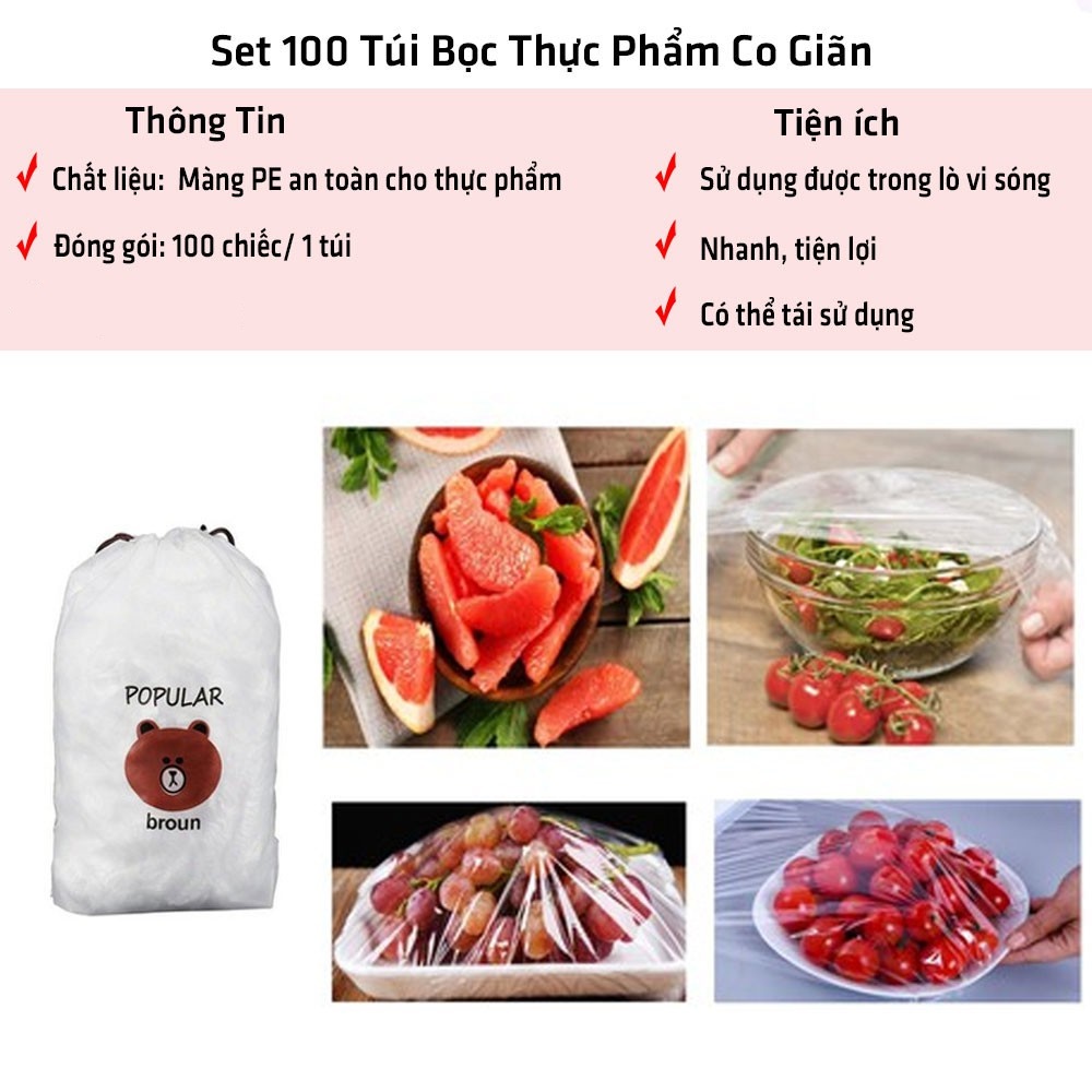 [FREESHIP❤️]SET 100 CHIẾC Màng bọc thực phẩm co giãn siêu dai có chun kèm túi gấu