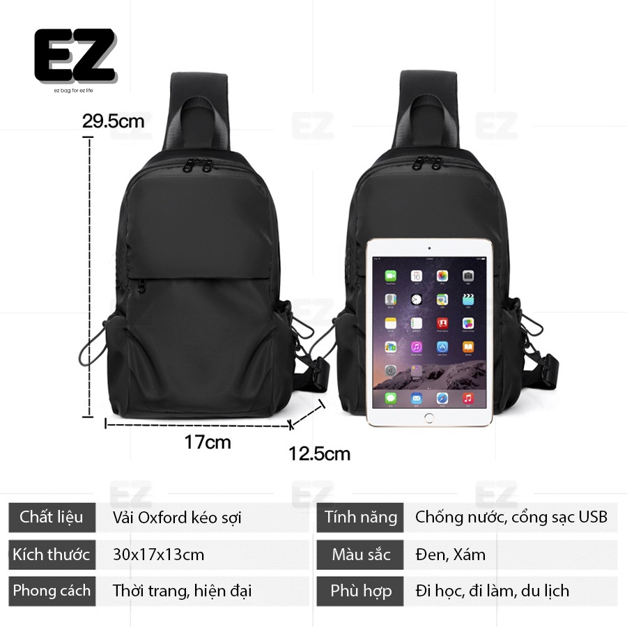 Túi đeo chéo nam TC01 vải Oxford chống nước, balo đeo chéo nam dáng thể thao, túi chéo chống nước kích thước lớn