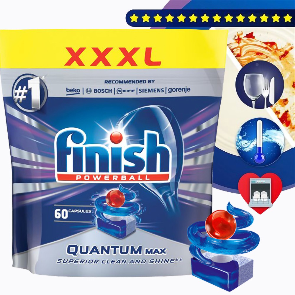 Túi 60 viên rửa chén Finish Quantum Max Dishwasher Tablets QT025459, Viên nén rửa chén bát