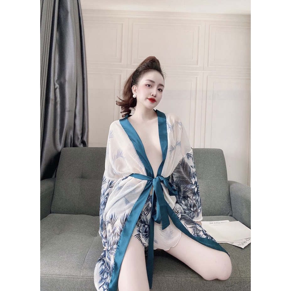 Áo Choàng Ngủ Sexy, Áo Ngủ Kimono Sexy, Áo Choàng Xuyên Thấu Chất Voan Hoa Phối Quần Satin Trơn Cao Cấp, Gợi Cảm, Thu Hú | BigBuy360 - bigbuy360.vn