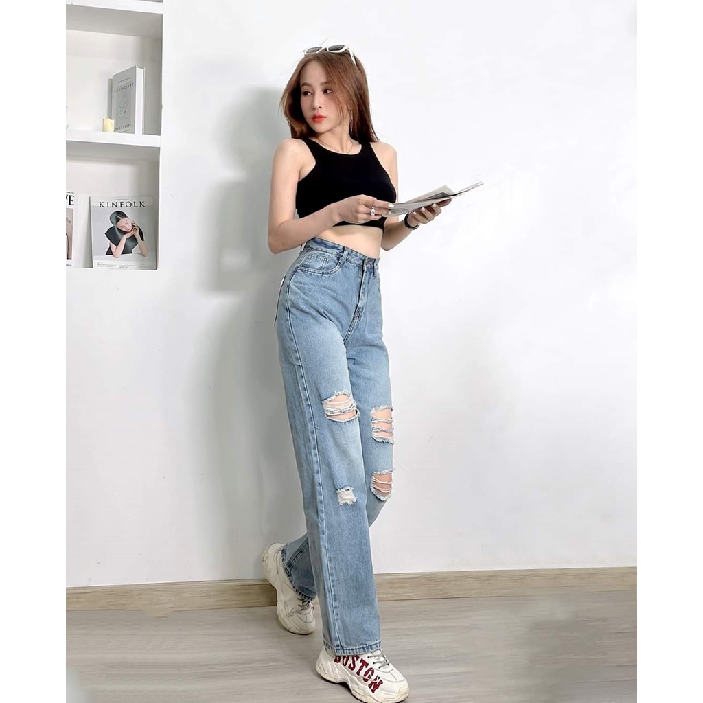 Quần bò rách ống rộng - Jean nữ ống suông cạp cao Daski