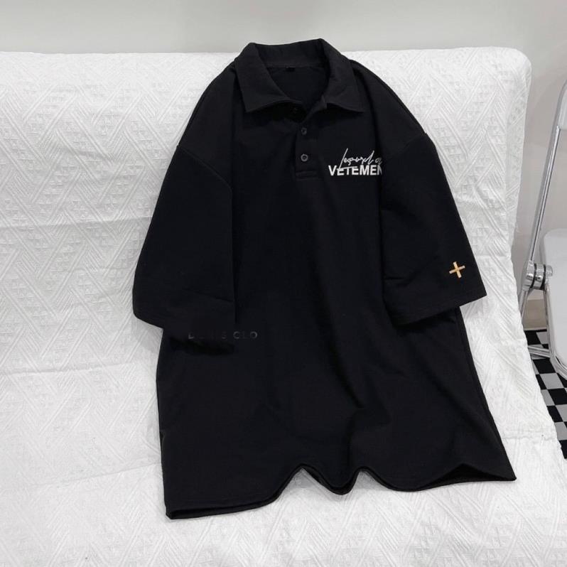 Áo Thun Polo Tay Lỡ Vetements 2 Màu Basic Đen Trắng Form Rộng Unisex Nam Nữ(Hàng Sẵn)