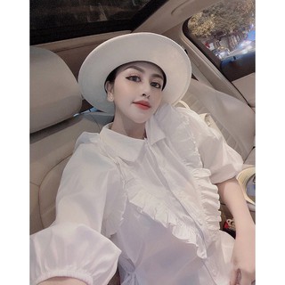 Váy Tay Lỡ Suông Cổ V Phối Viền Bèo Dáng Sơ Mi Trắng Style Retro sang trọng - Đầm Somi Trắng
