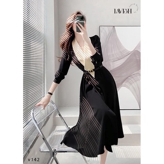 Đầm đen phối be cổ dáng dài kèm belt