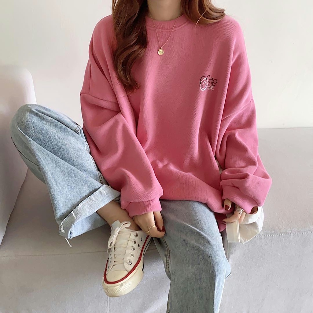 SUXI Áo Nỉ Dài Tay Cổ Tròn Form Rộng Phong Cách Hàn Quốc