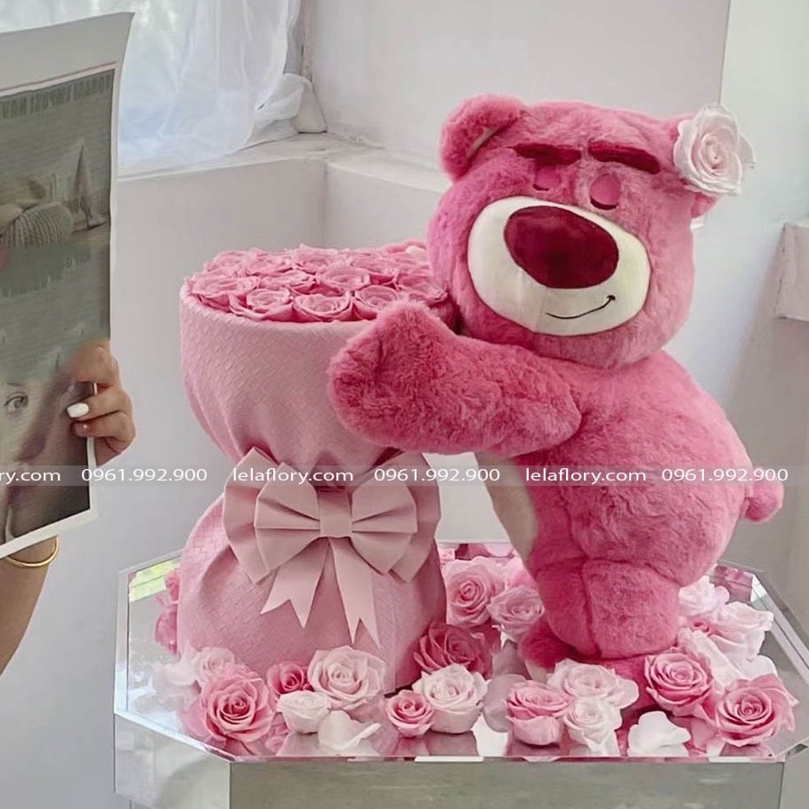 Gấu bông LOSTO màu hồng có hương dâu thơm nhẹ (không kèm hoa) dùng làm quà tặng, trang trí hộp hoa HOT TREND 2023